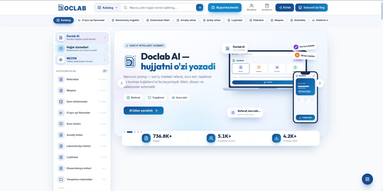 Doclab veb-platformasining bosh sahifasi: chap tomonda hujjat kategoriyalari ro‘yxati, markazda Doclab AI banneri va hujjat, foydalanuvchi hamda yuklab olishlar statistikasi