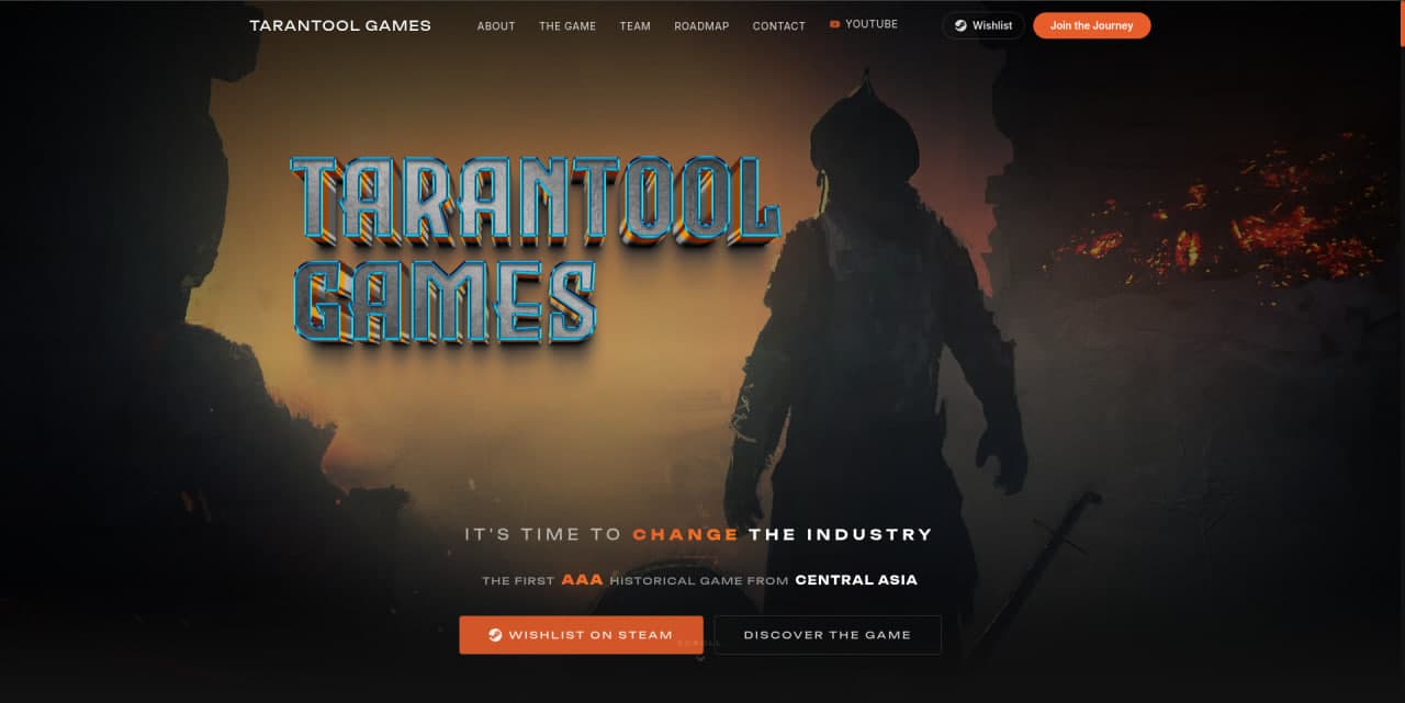 TaranTool Games saytining bosh ekrani: qorong‘i tarixiy manzara fonida jangchi silueti, «TaranTool Games» sarlavhasi va Steam’da wishlist tugmasi